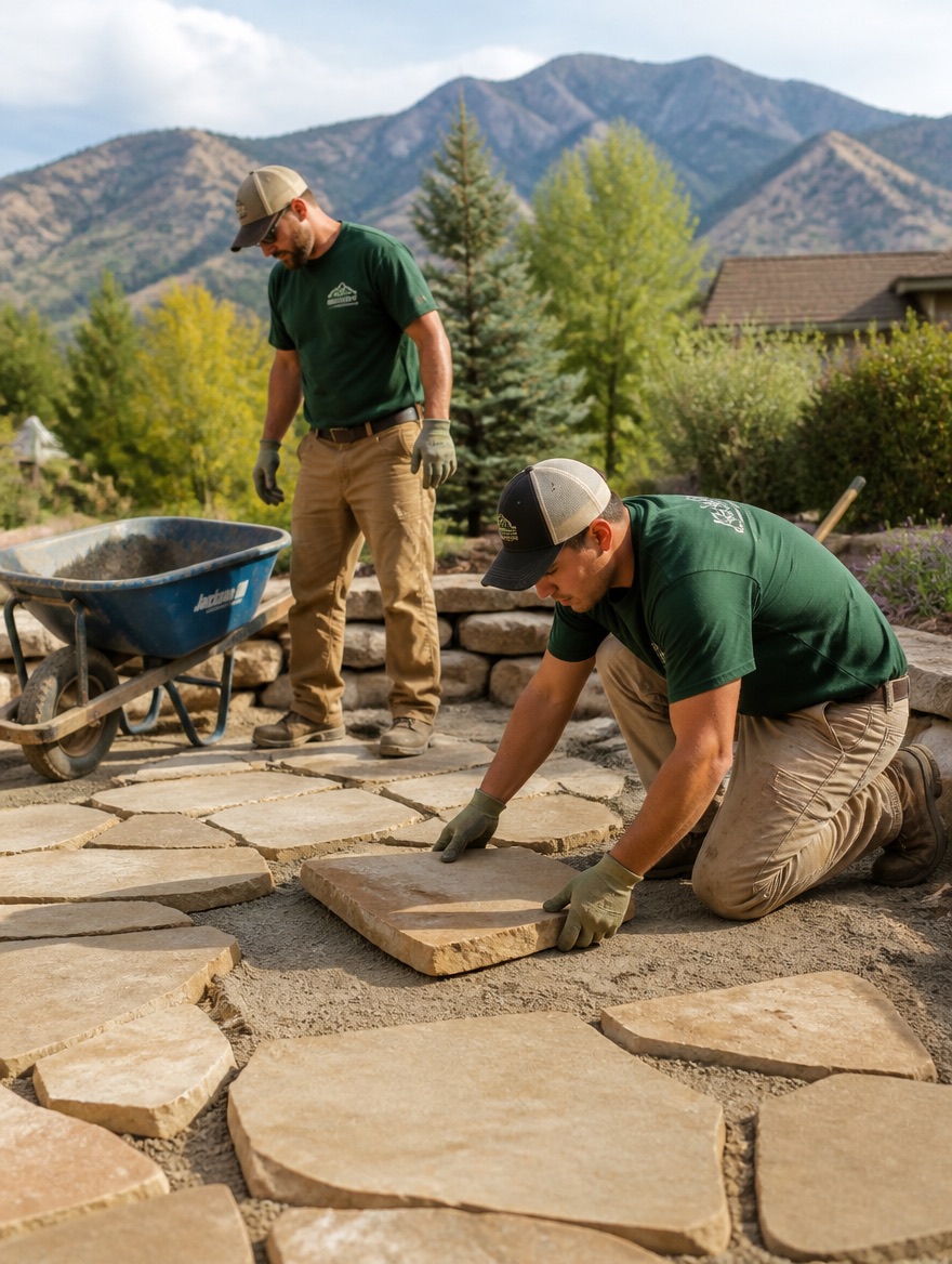 Landscaping crew laying a sandstone flagstone patio