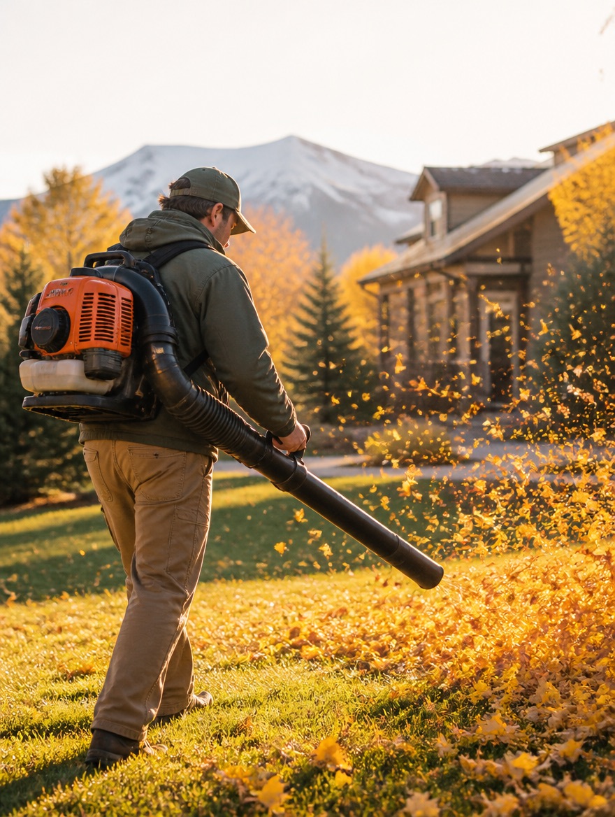 Landscaper clearing autumn aspen leaves with a blower