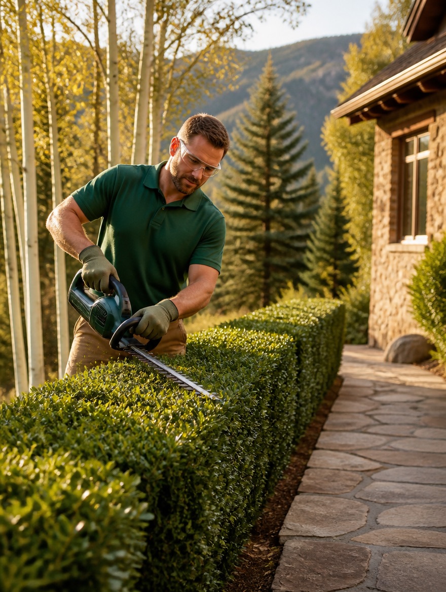 Landscaper shaping a hedge