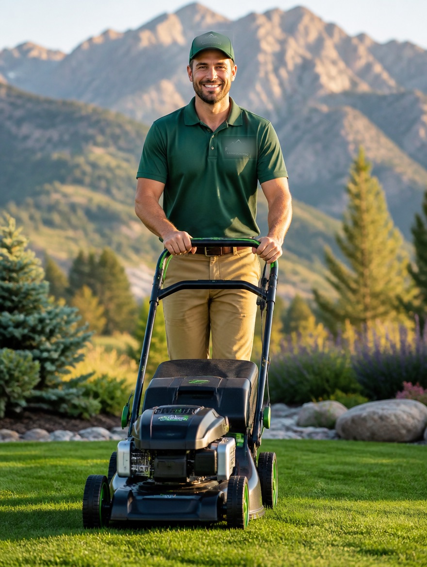 Smiling landscaper mowing a lush lawn with mountains behind him