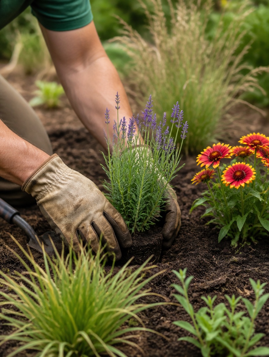 Gloved hands planting native perennials