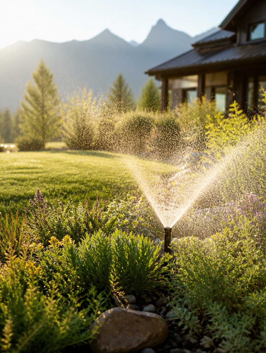 Sprinkler watering a green lawn